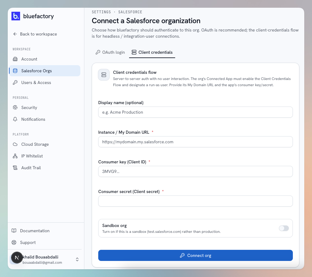 Connect org with client credentials