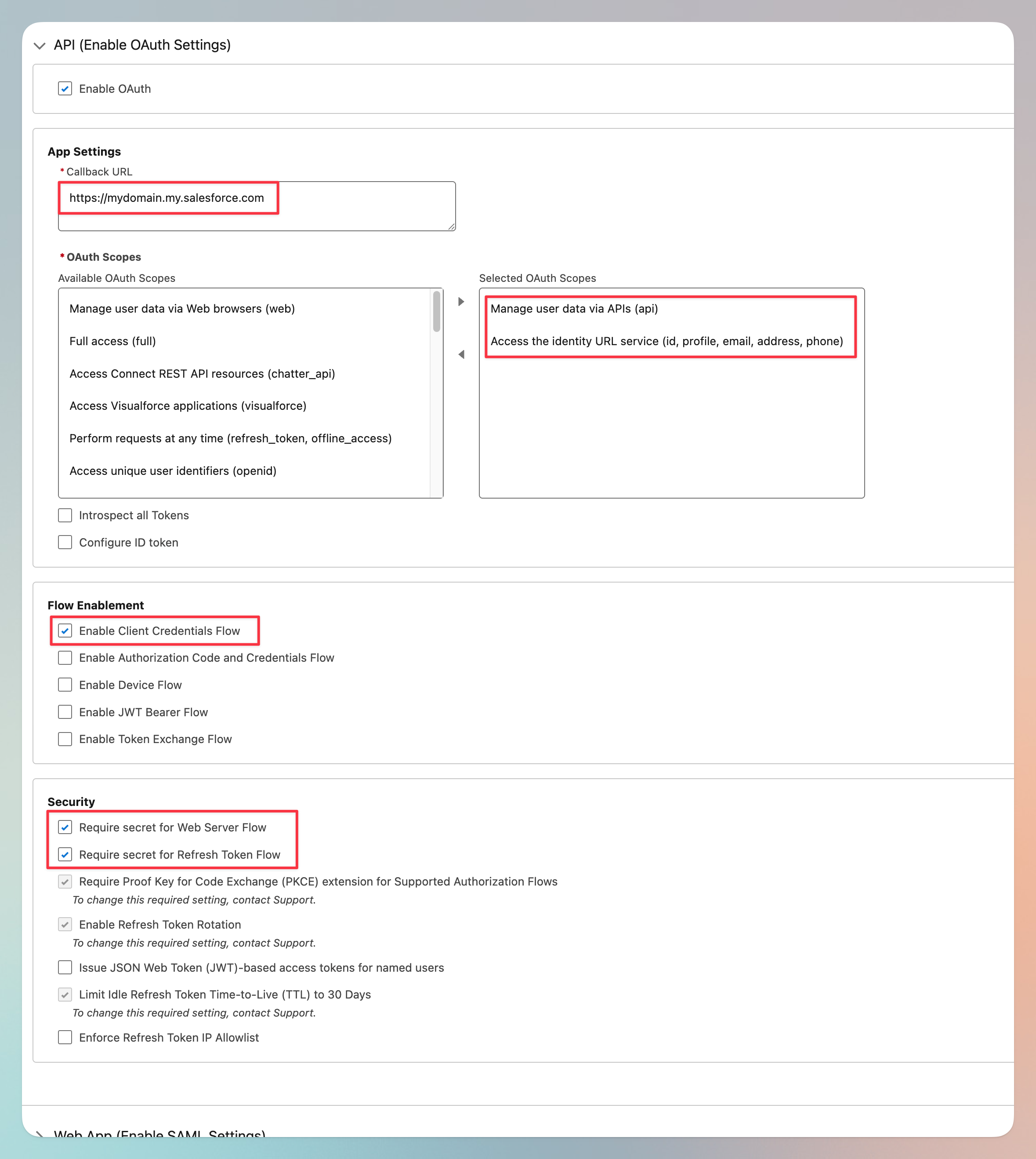 OAuth settings with the api and identity URL scopes selected, the Client Credentials Flow enabled, and both secret requirements ticked