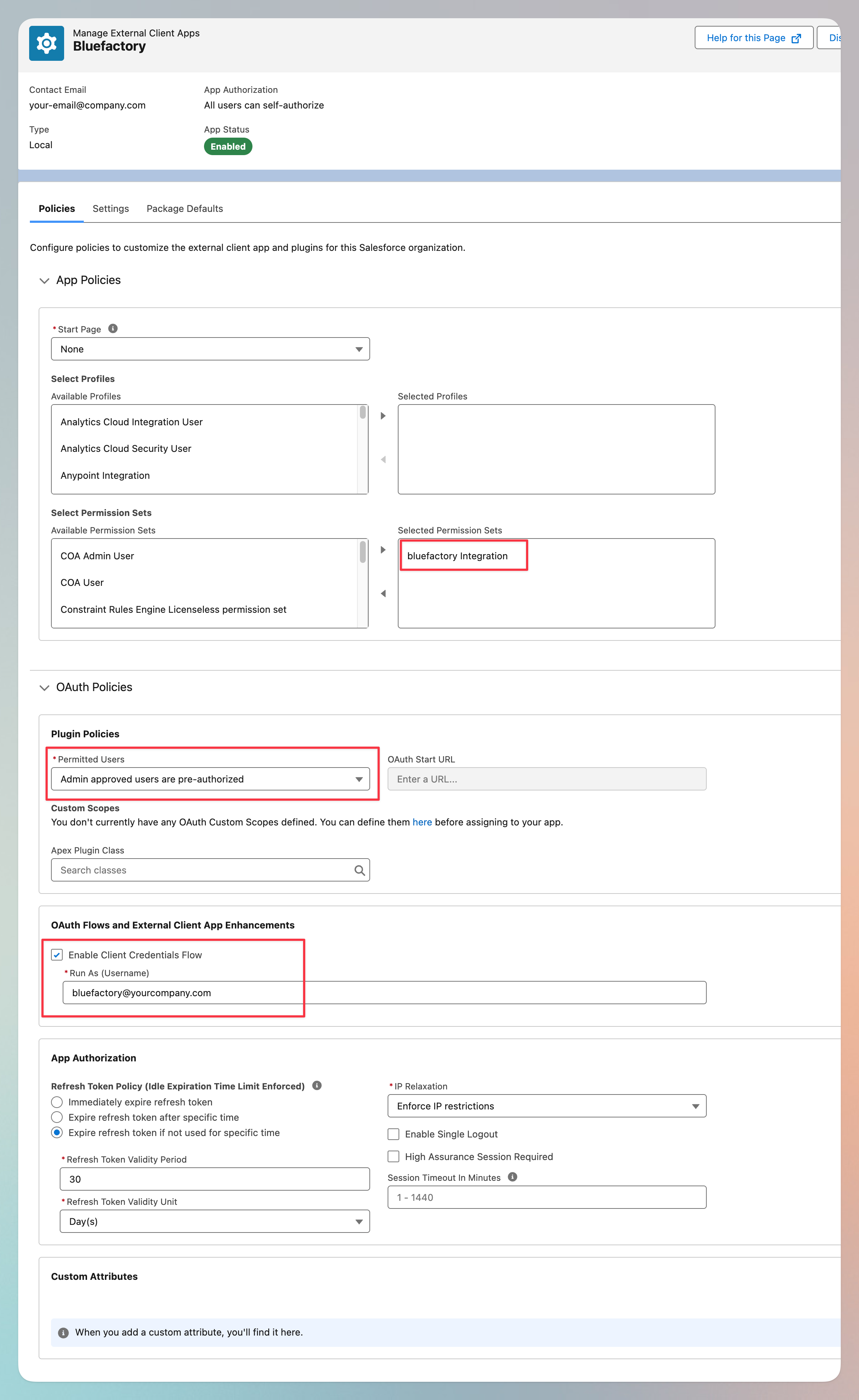App policies with the permission set assigned, permitted users pre-authorized, and the Run As user set for the Client Credentials Flow