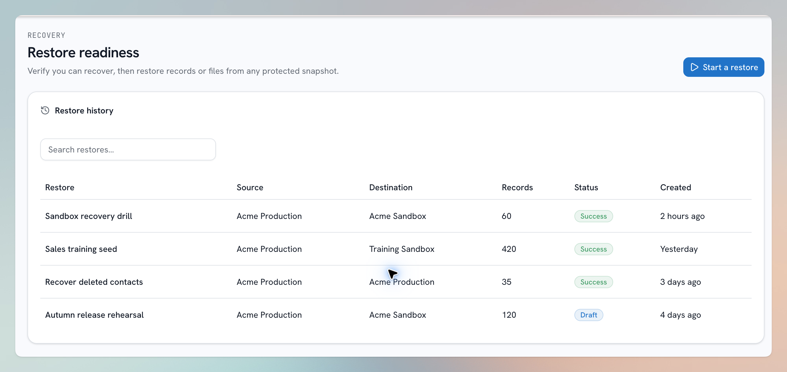 Restore history with sample recovery and seeding jobs